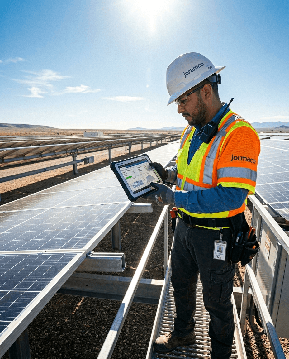 Technician in hard hat and reflective vest using a digital tablet to inspect industrial solar panels in high contrast sunlight