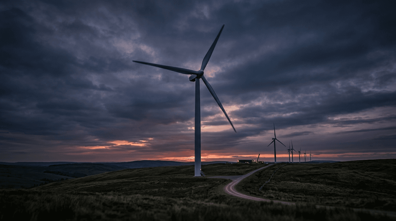Abstract architectural pattern of a wind turbine blade against a dark dramatic sky with sharp geometric lines